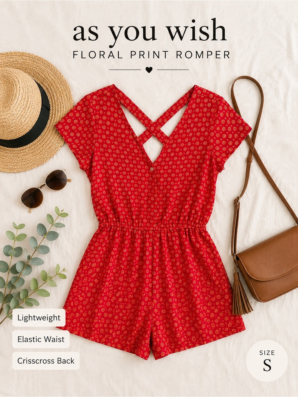 As You Wish Red Floral Crisscross Back Romper | Size Small
